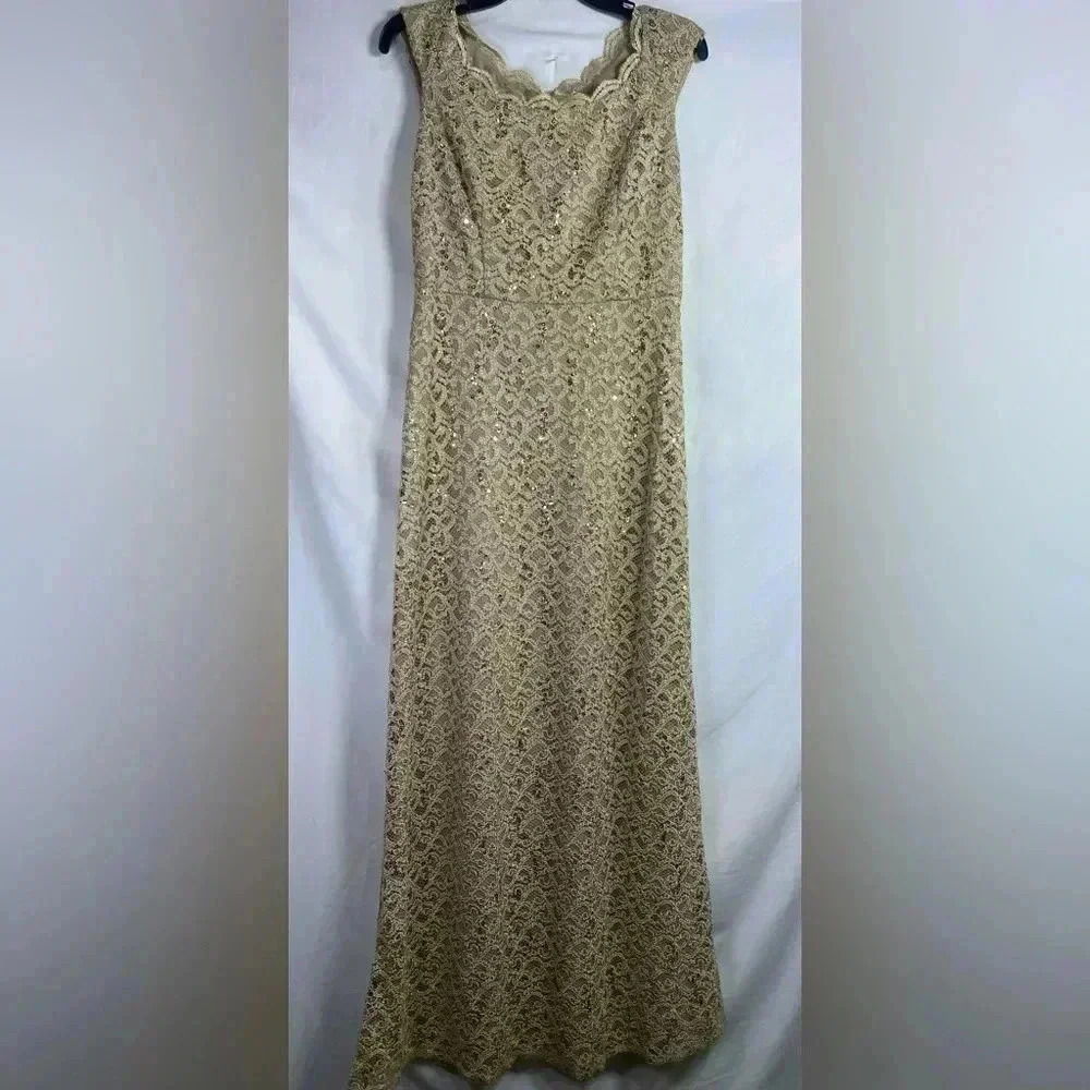 R & M Richard’s Gold & Taupe Formal  Gown, Size 6.  Lace Overlay & Sequins.